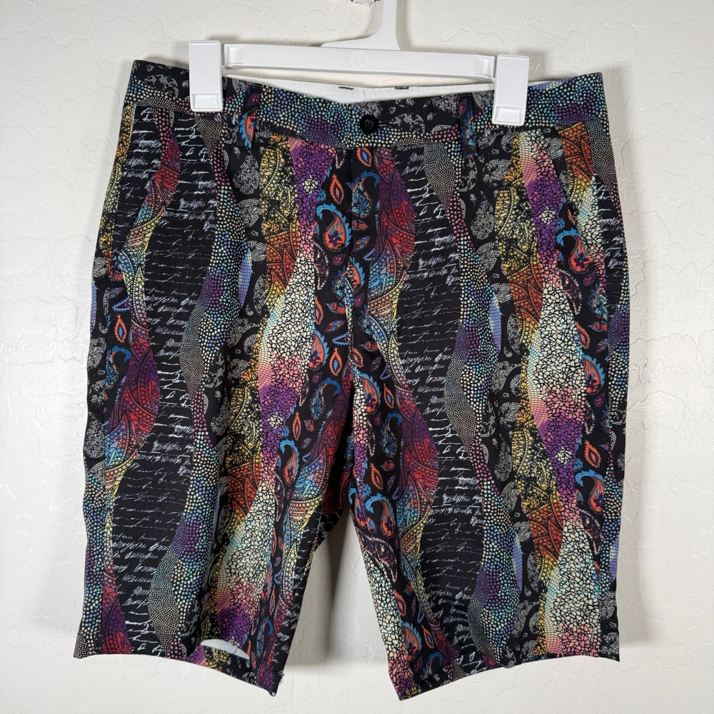 Hreski Shorts Mens 32  Stretch Golf Performance Casual Paisley Mosaic Script New